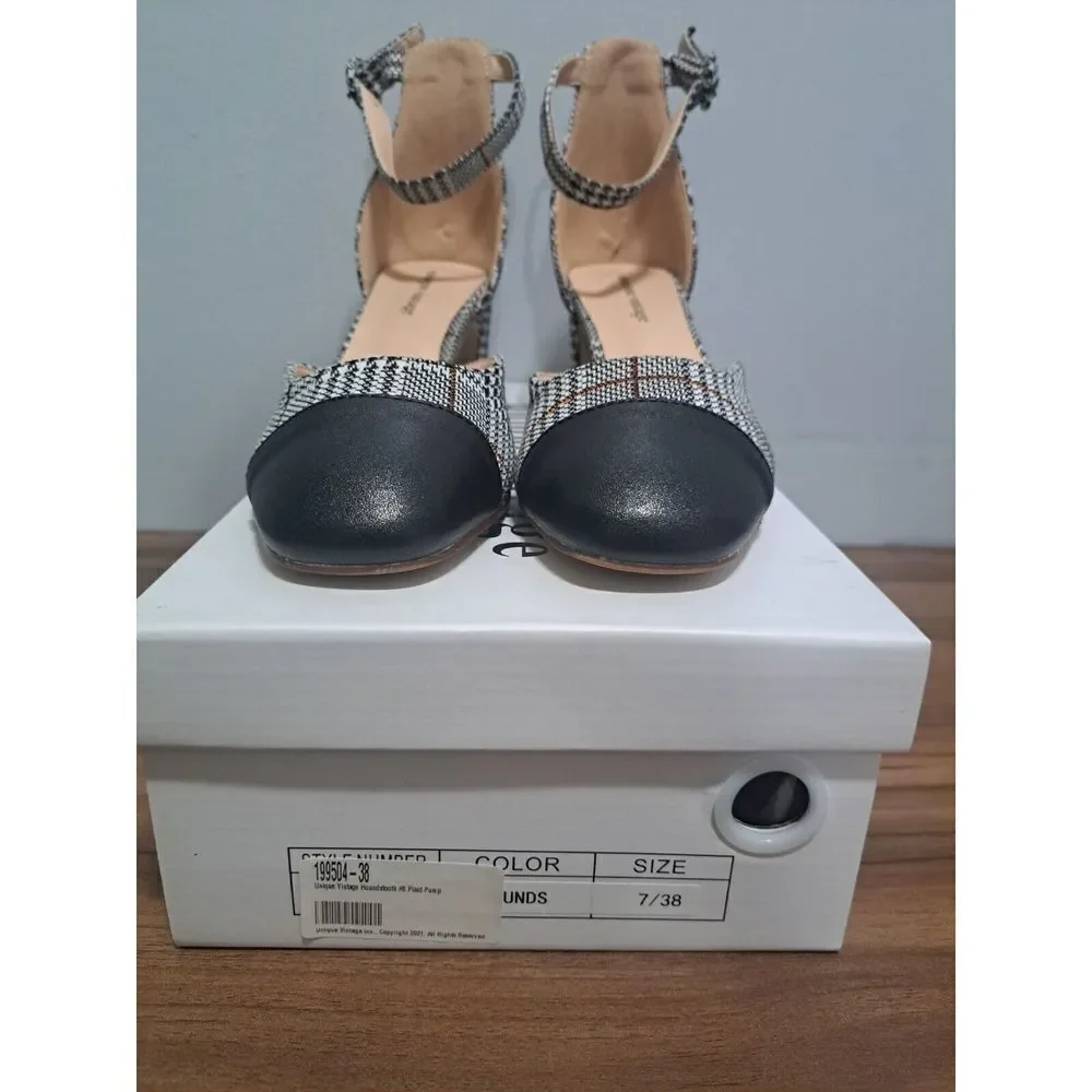 Unique Vintage Shoes Womens Size 8 Black Gray Houndstooth Plaid‎ Black Toe Cap